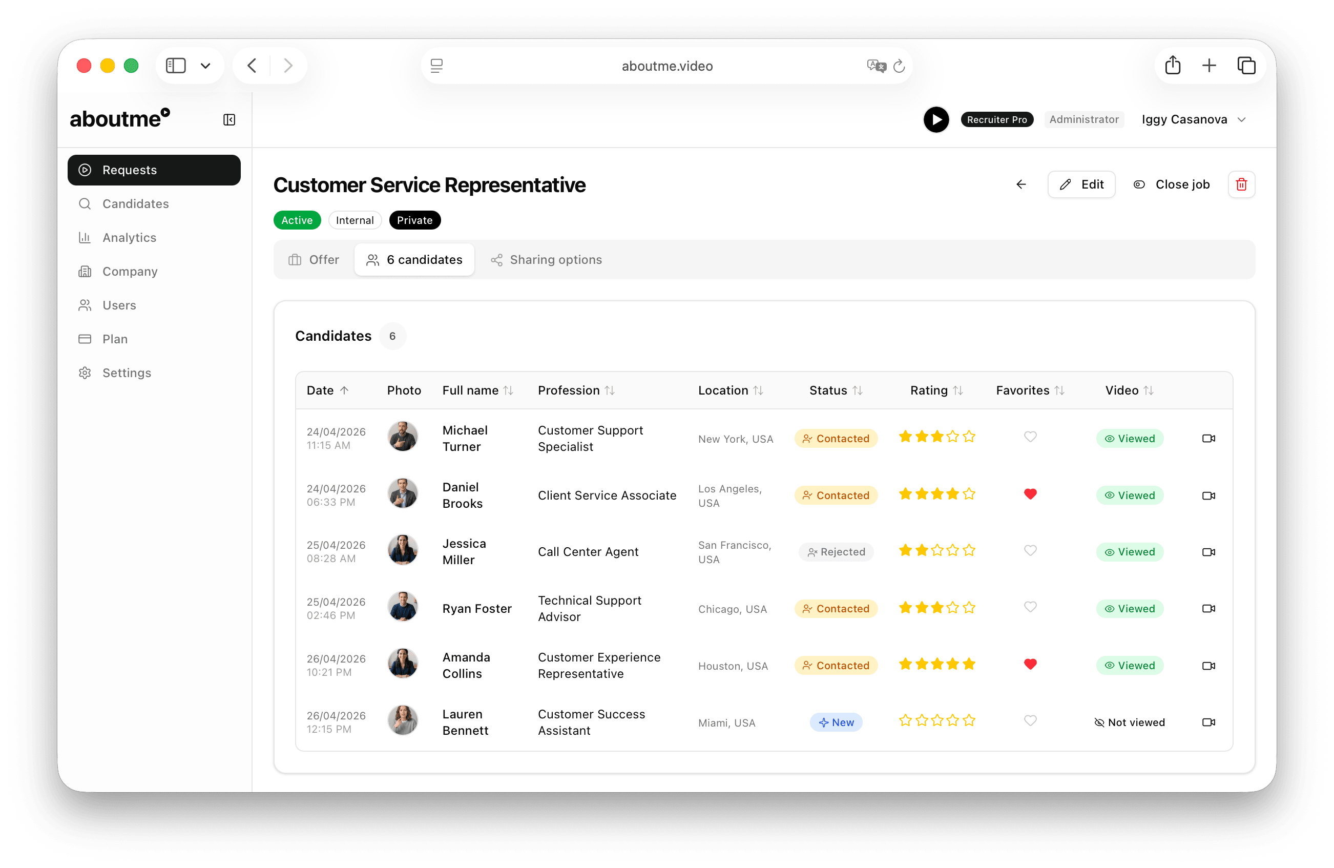 Company dashboard showing incoming candidates