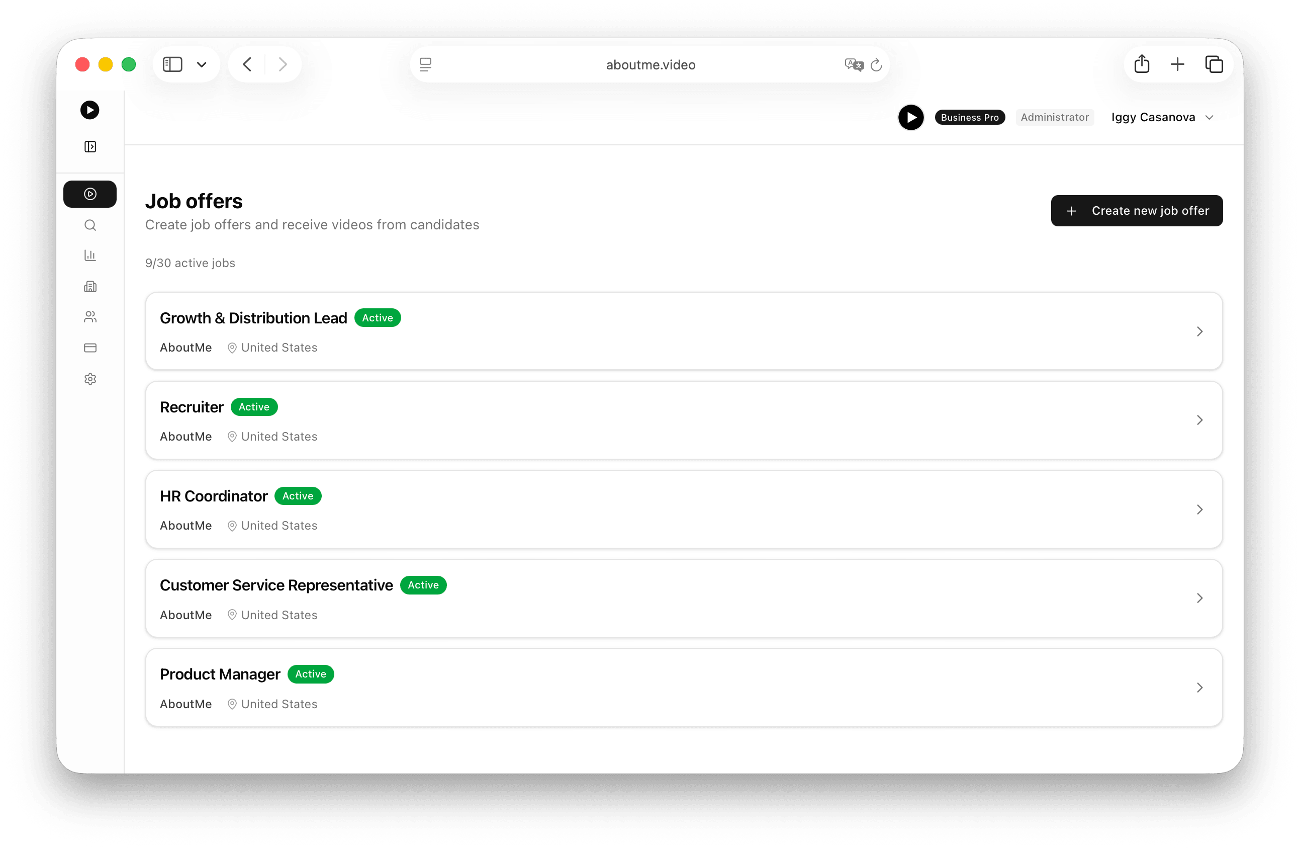 Company dashboard showing job offers