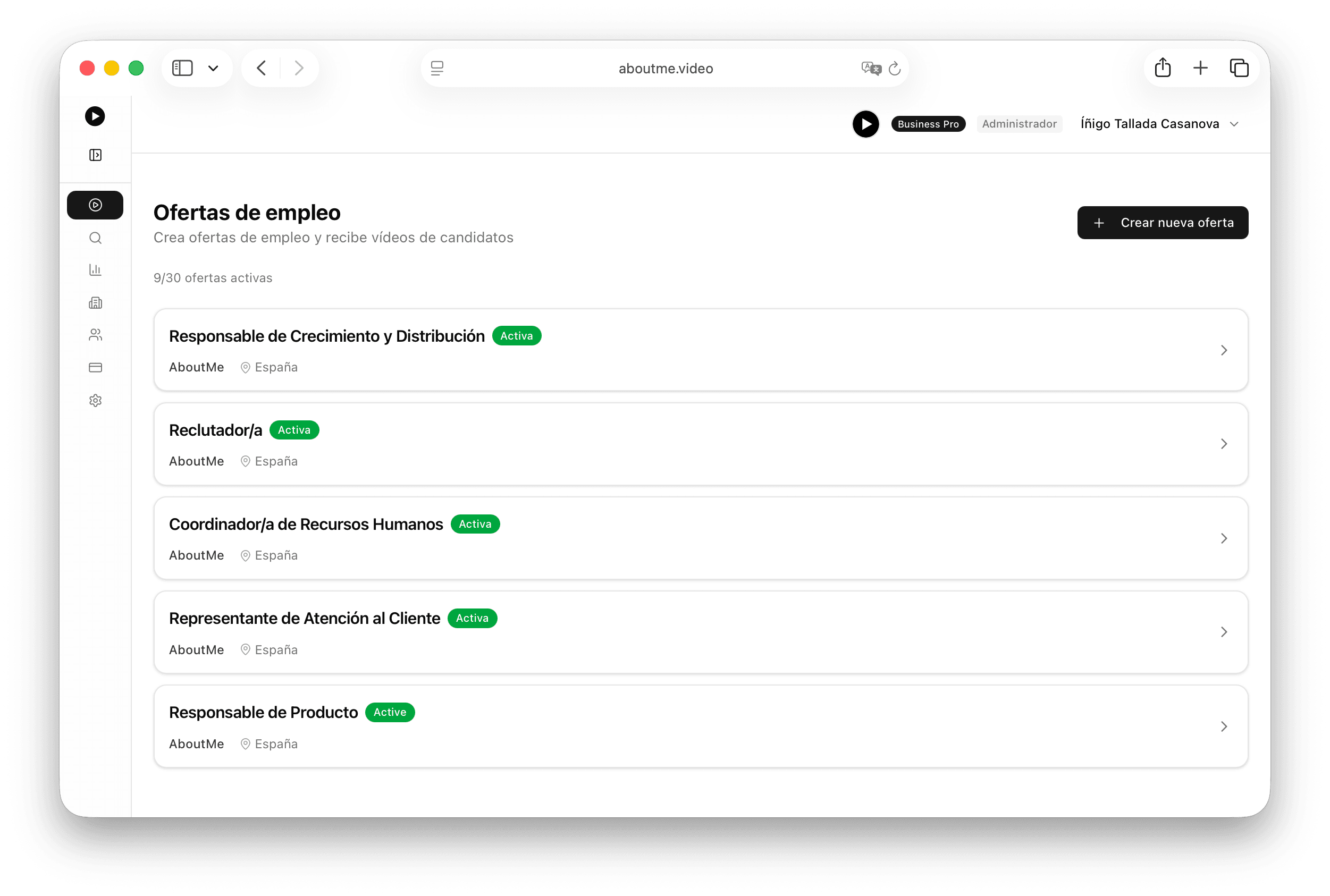 Panel de empresa mostrando ofertas de empleo