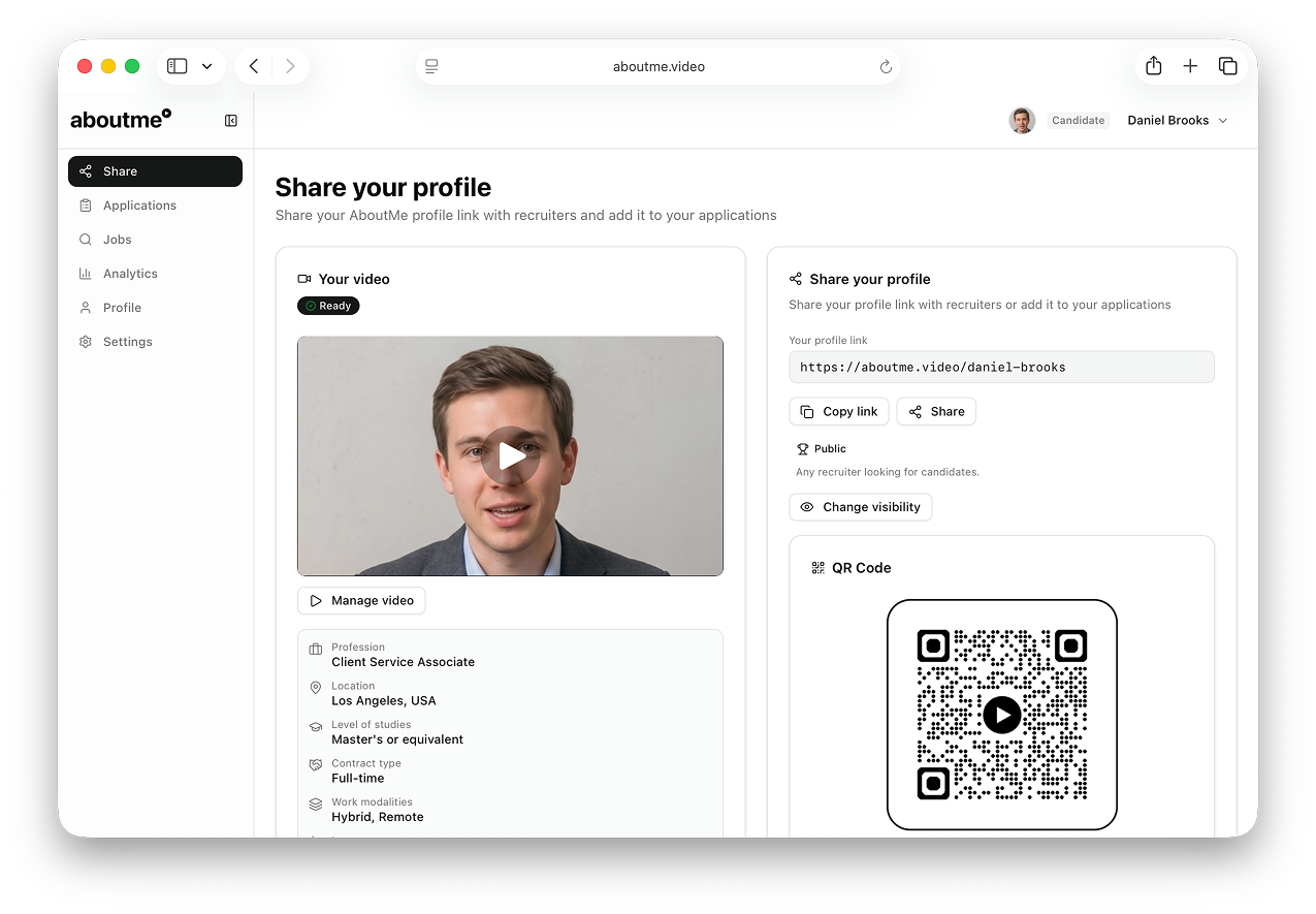Candidate dashboard — share your video profile