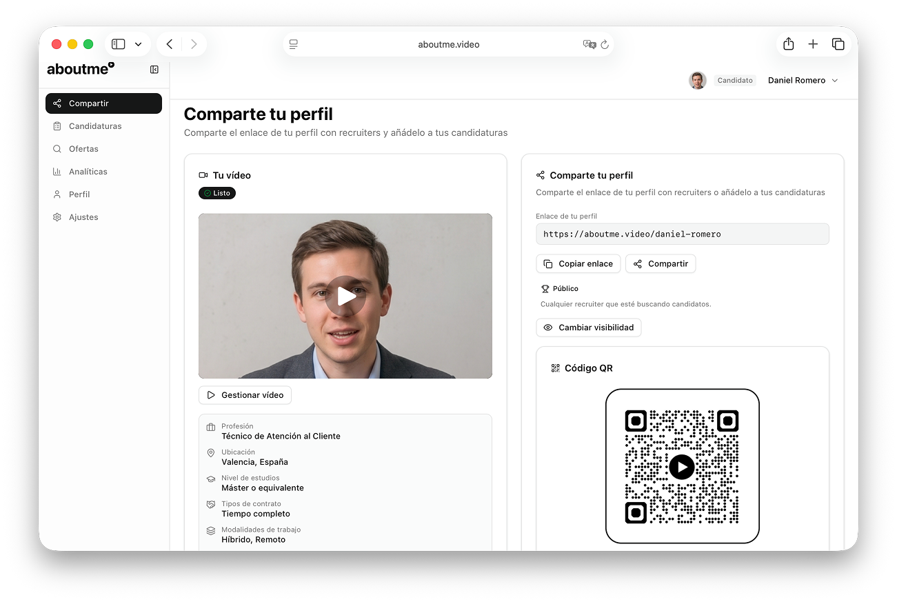 Panel de candidato — comparte tu perfil en vídeo