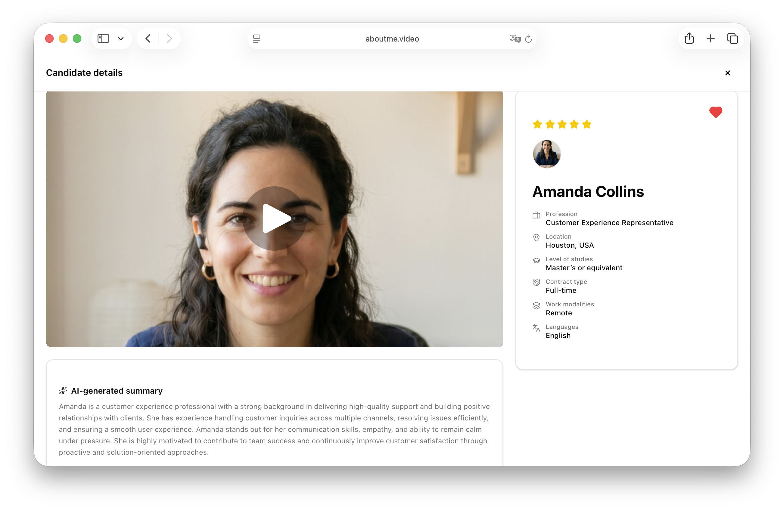 Candidate details modal with video introduction and AI summary
